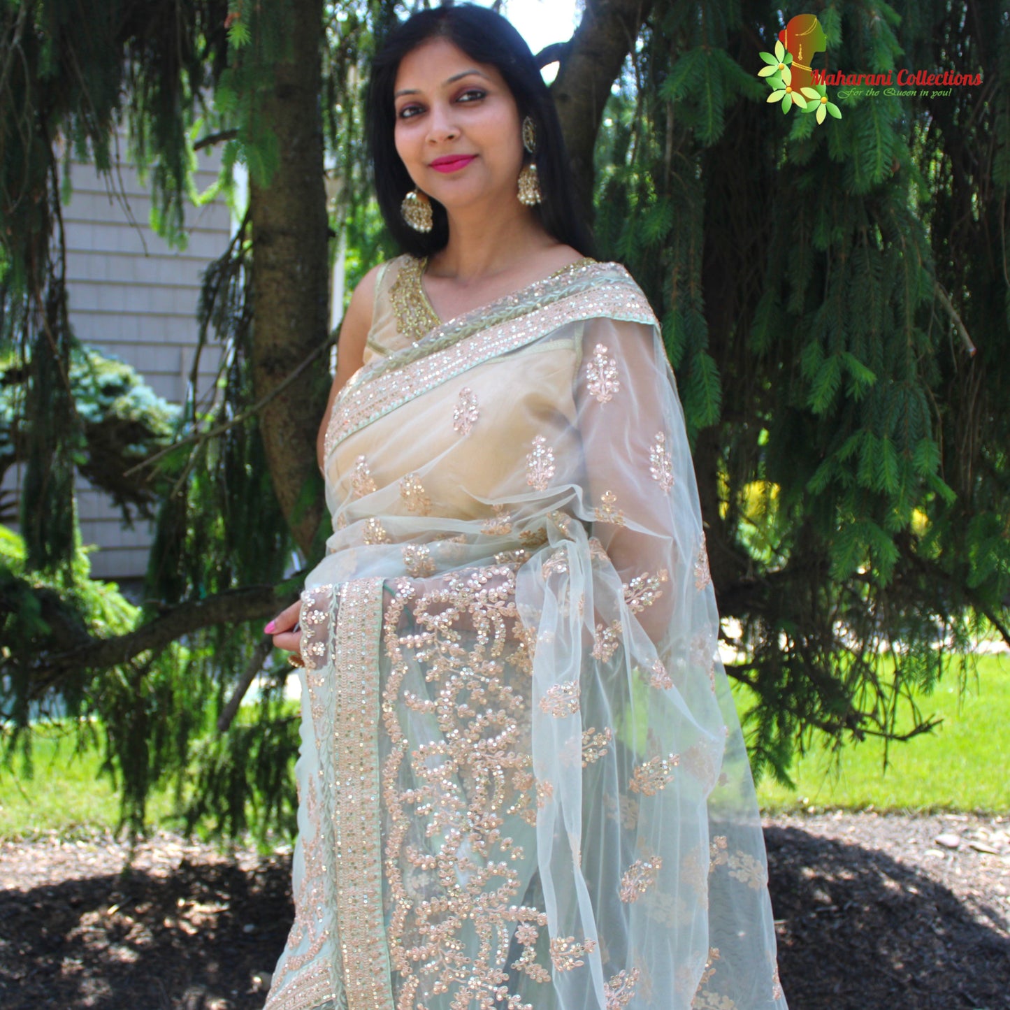 Maharani's Designer Party Wear Net Silk Saree - Sea Green (with stitched Blouse and Petticoat)