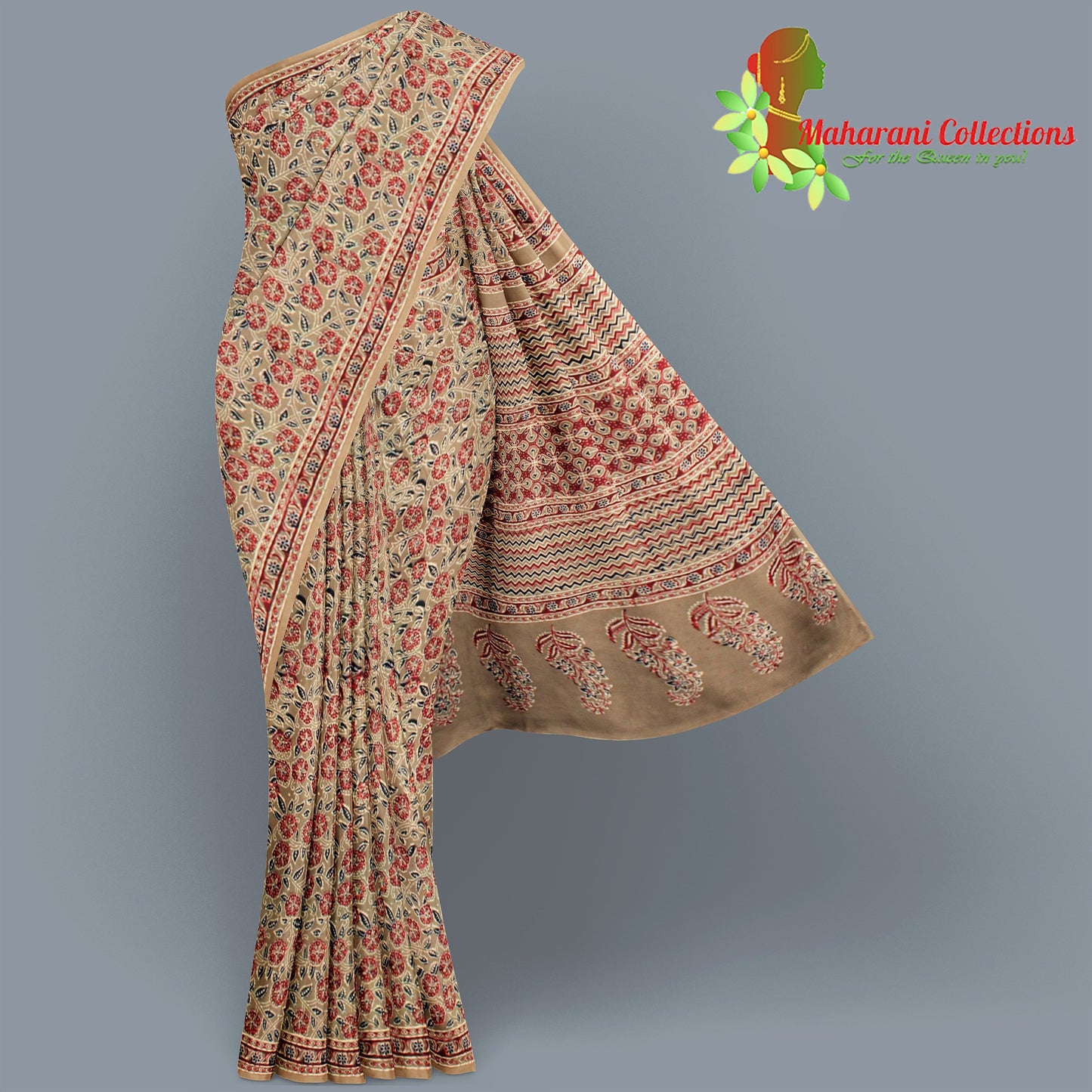 Rajasthani Ajrakh Mul-mul Silk Saree - Red and Brown  (with stitched blouse and petticoat)