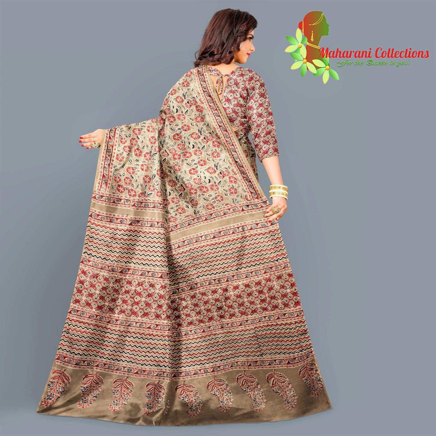 Rajasthani Ajrakh Mul-mul Silk Saree - Red and Brown  (with stitched blouse and petticoat)