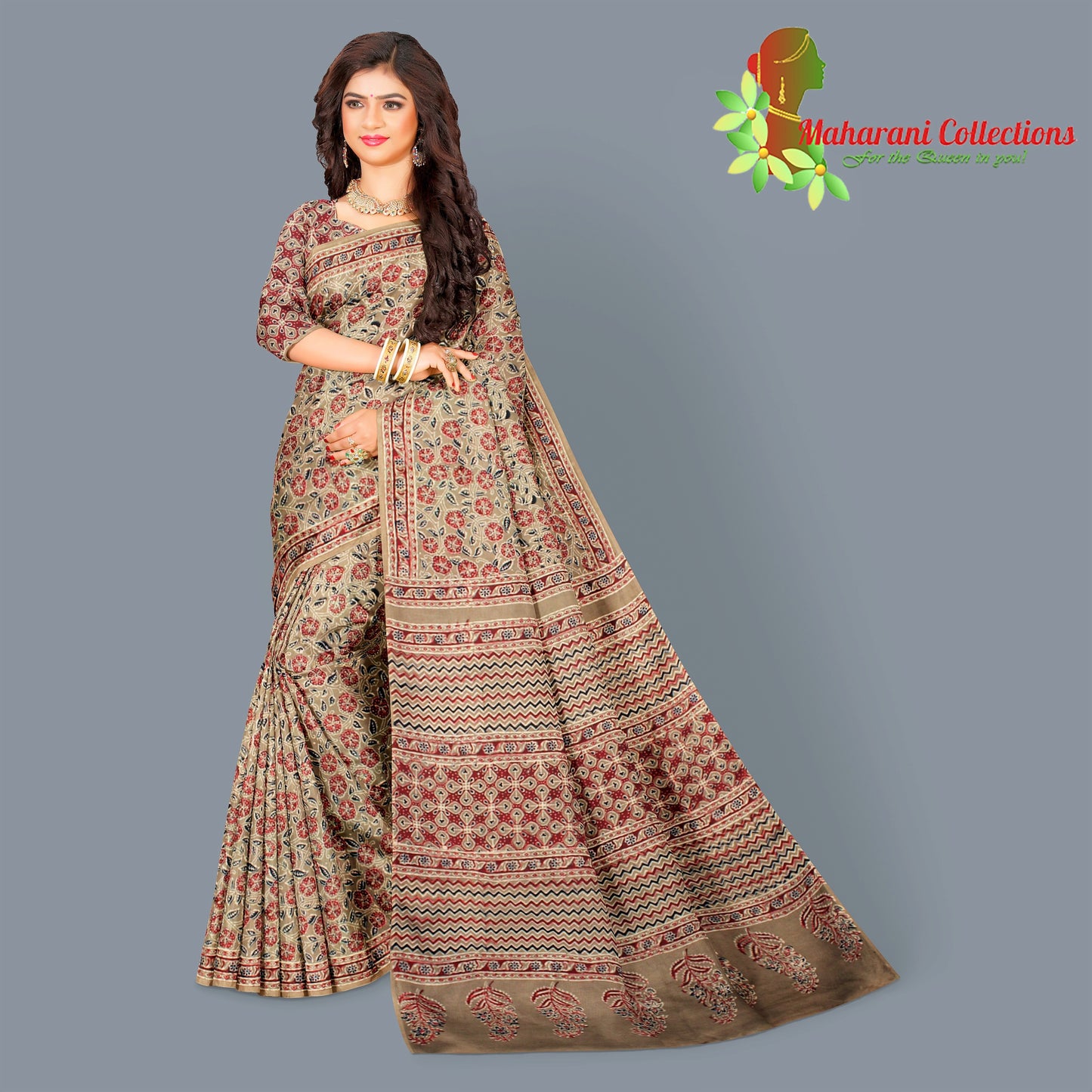 Rajasthani Ajrakh Mul-mul Silk Saree - Red and Brown  (with stitched blouse and petticoat)