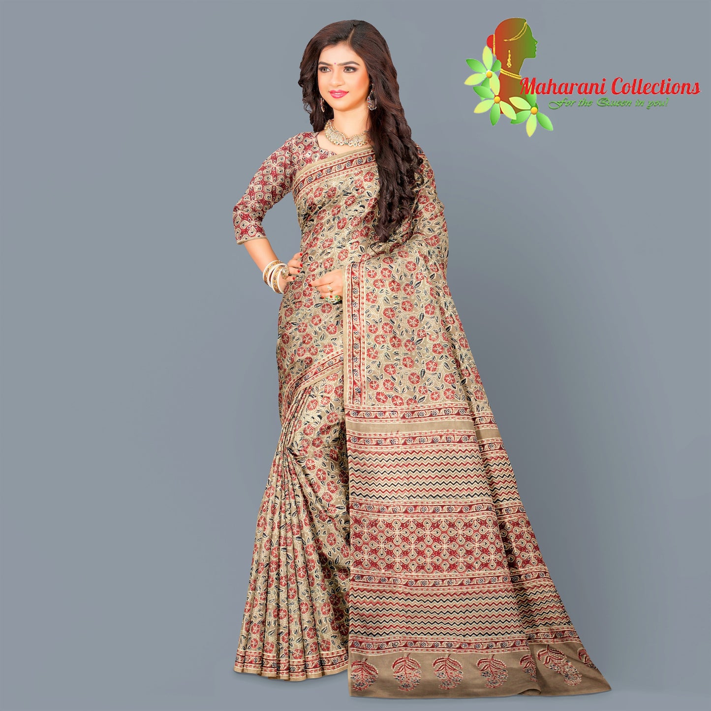 Rajasthani Ajrakh Mul-mul Silk Saree - Red and Brown  (with stitched blouse and petticoat)