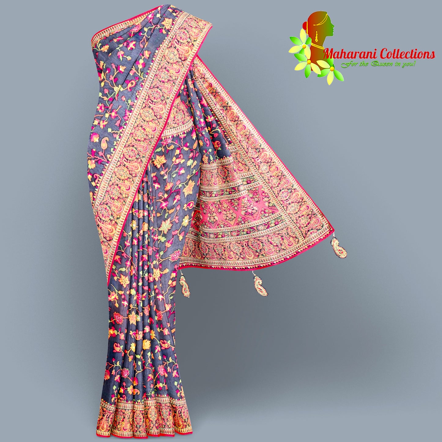 Maharani's Pure Banarasi Jamdani Silk Saree - Purple (with stitched blouse and petticoat)