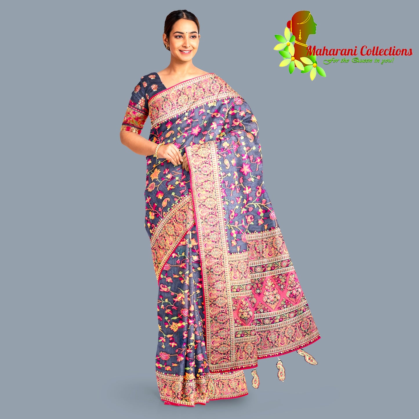 Maharani's Pure Banarasi Jamdani Silk Saree - Purple (with stitched blouse and petticoat)