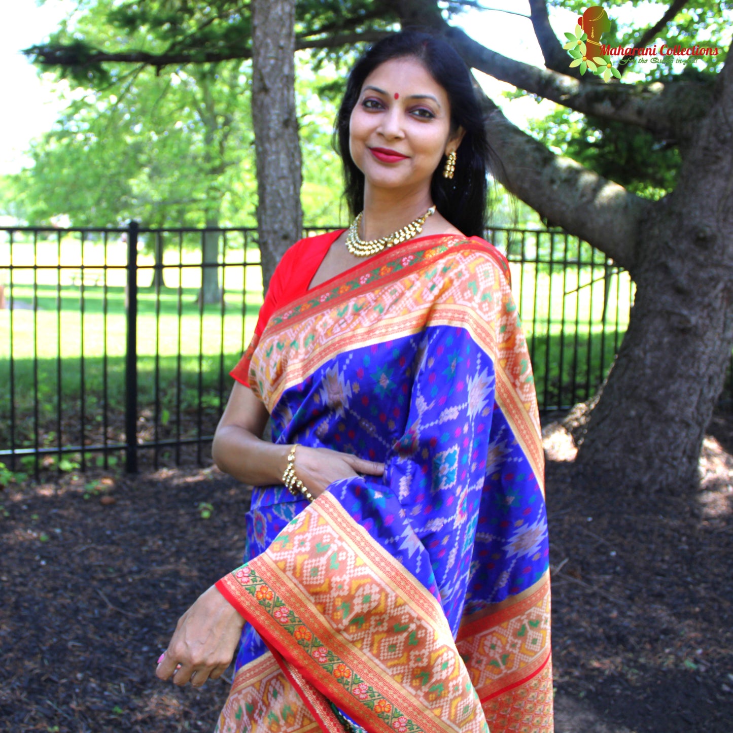 Maharani's Pure Banarasi Ikkat Patola Silk Saree - Robin Blue (with Stitched Blouse and Petticoat)