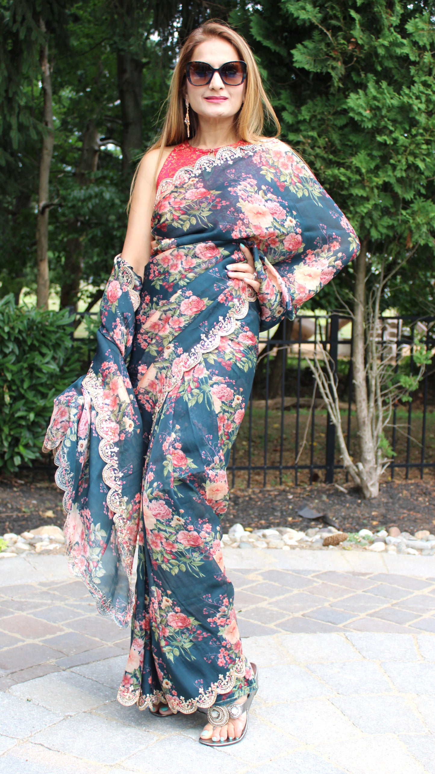 Maharani's Party Wear Organza Silk Saree - Navy Blue (with stitched Petticoat)