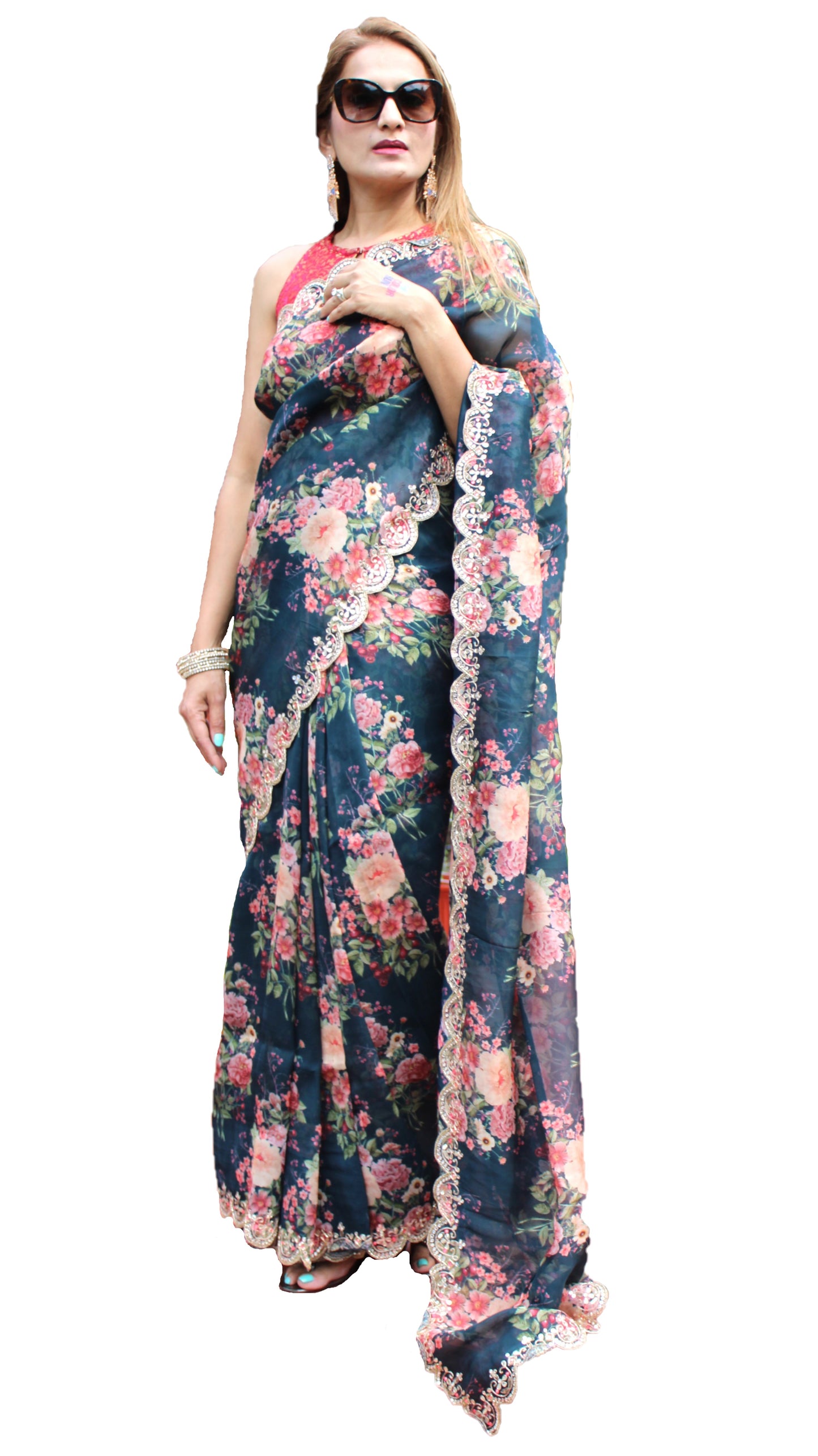 Maharani's Party Wear Organza Silk Saree - Navy Blue (with stitched Petticoat)