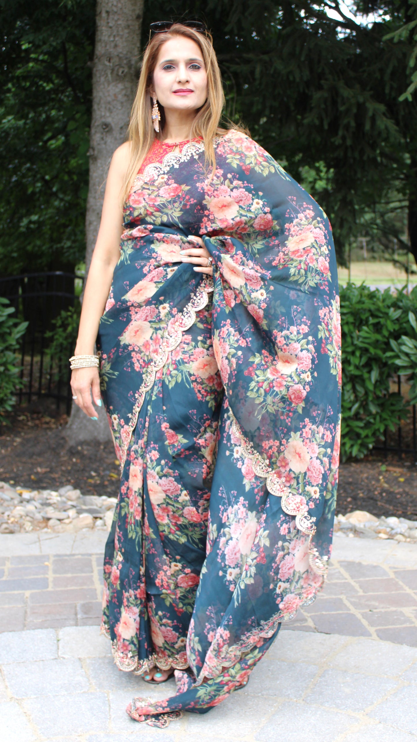 Maharani's Party Wear Organza Silk Saree - Navy Blue (with stitched Petticoat)