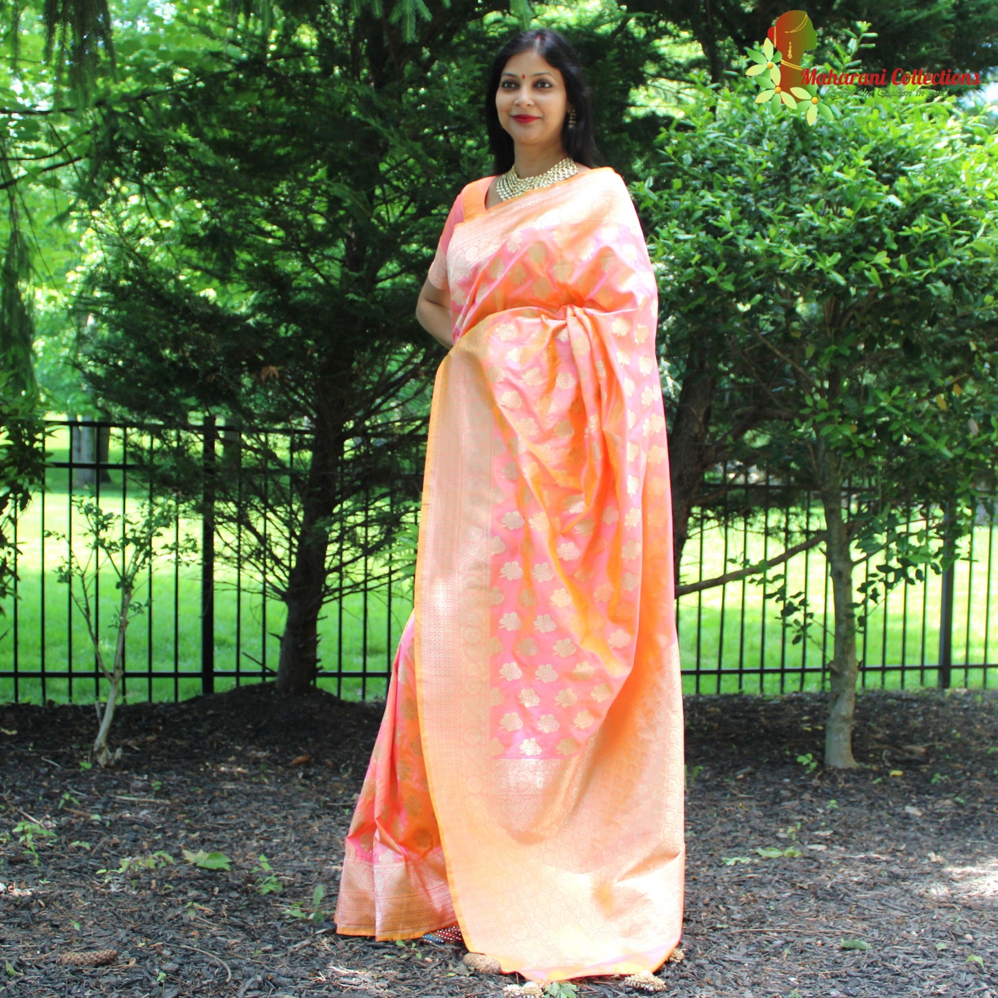 Maharani's Pure Banarasi Silk Saree - Orange and Pink Dual Shade (with stitched Blouse and Petticoat)