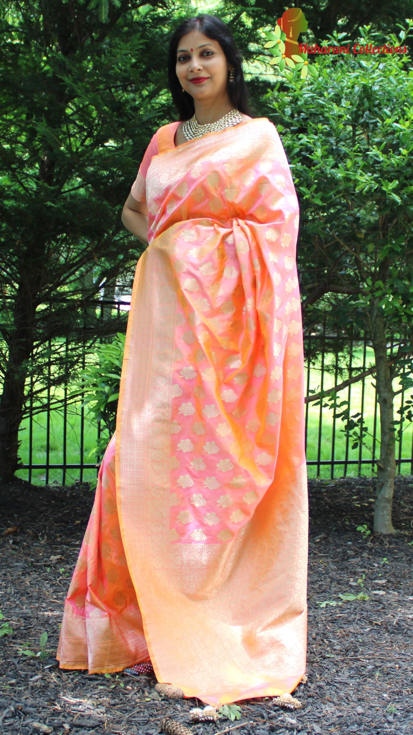 Maharani's Pure Banarasi Silk Saree - Orange and Pink Dual Shade (with stitched Blouse and Petticoat)