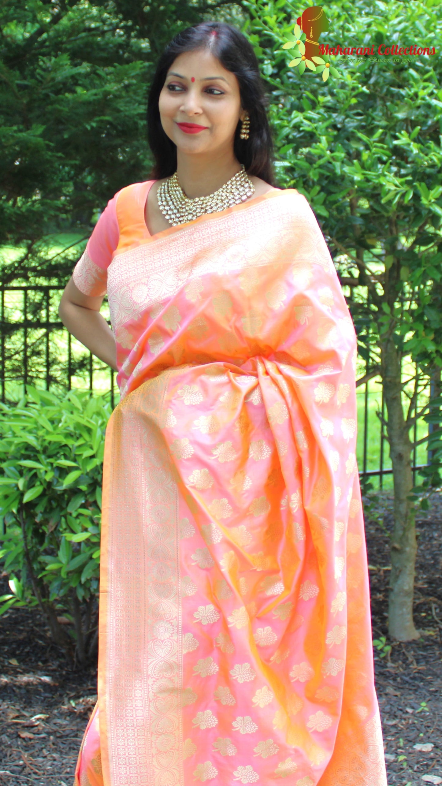 Maharani's Pure Banarasi Silk Saree - Orange and Pink Dual Shade (with stitched Blouse and Petticoat)