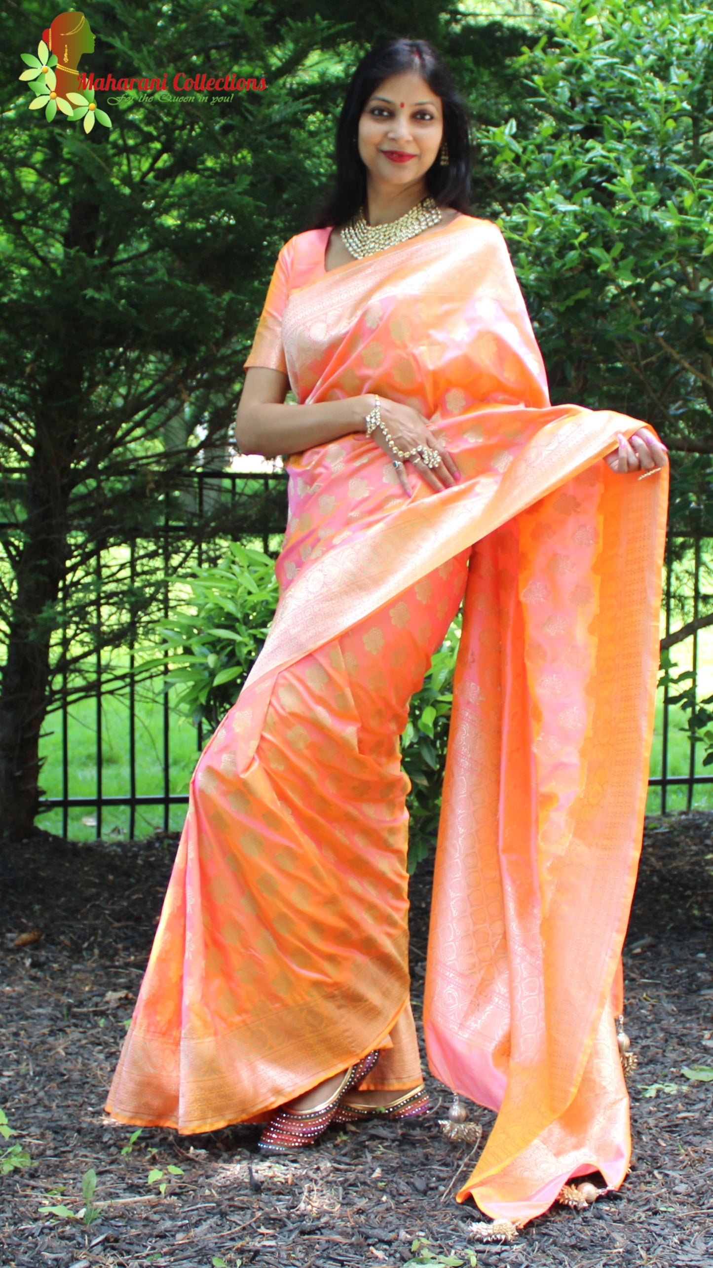 Maharani's Pure Banarasi Silk Saree - Orange and Pink Dual Shade (with stitched Blouse and Petticoat)