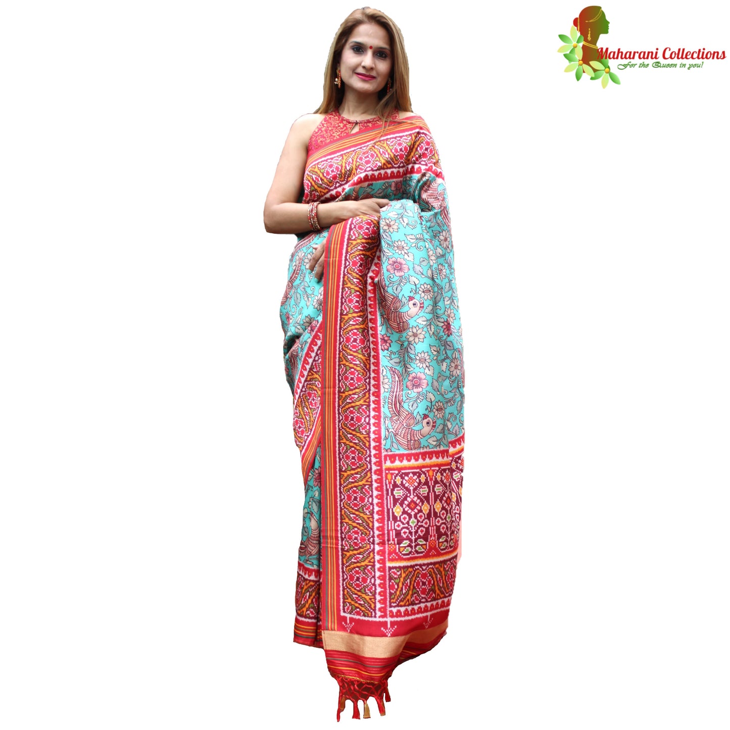 Maharani's Pure Banarasi Silk Saree - Sea Green and Red (with stitched Blouse and Petticoat)