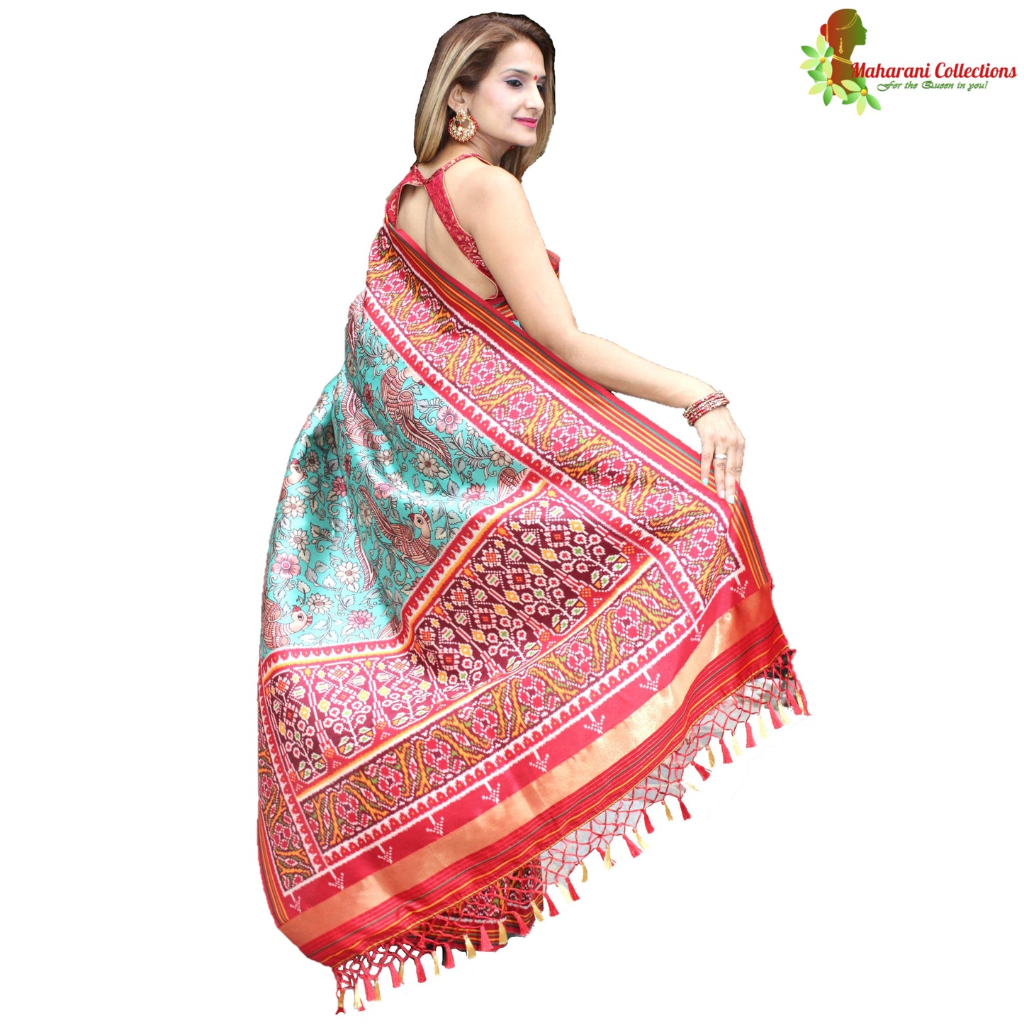 Maharani's Pure Banarasi Silk Saree - Sea Green and Red (with stitched Blouse and Petticoat)
