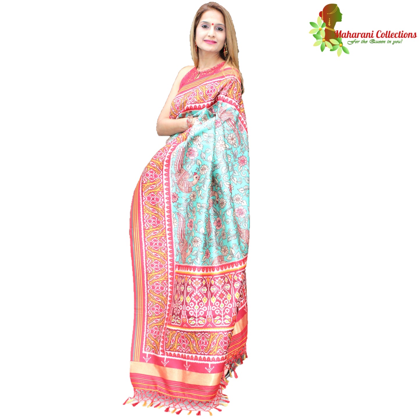 Maharani's Pure Banarasi Silk Saree - Sea Green and Red (with stitched Blouse and Petticoat)