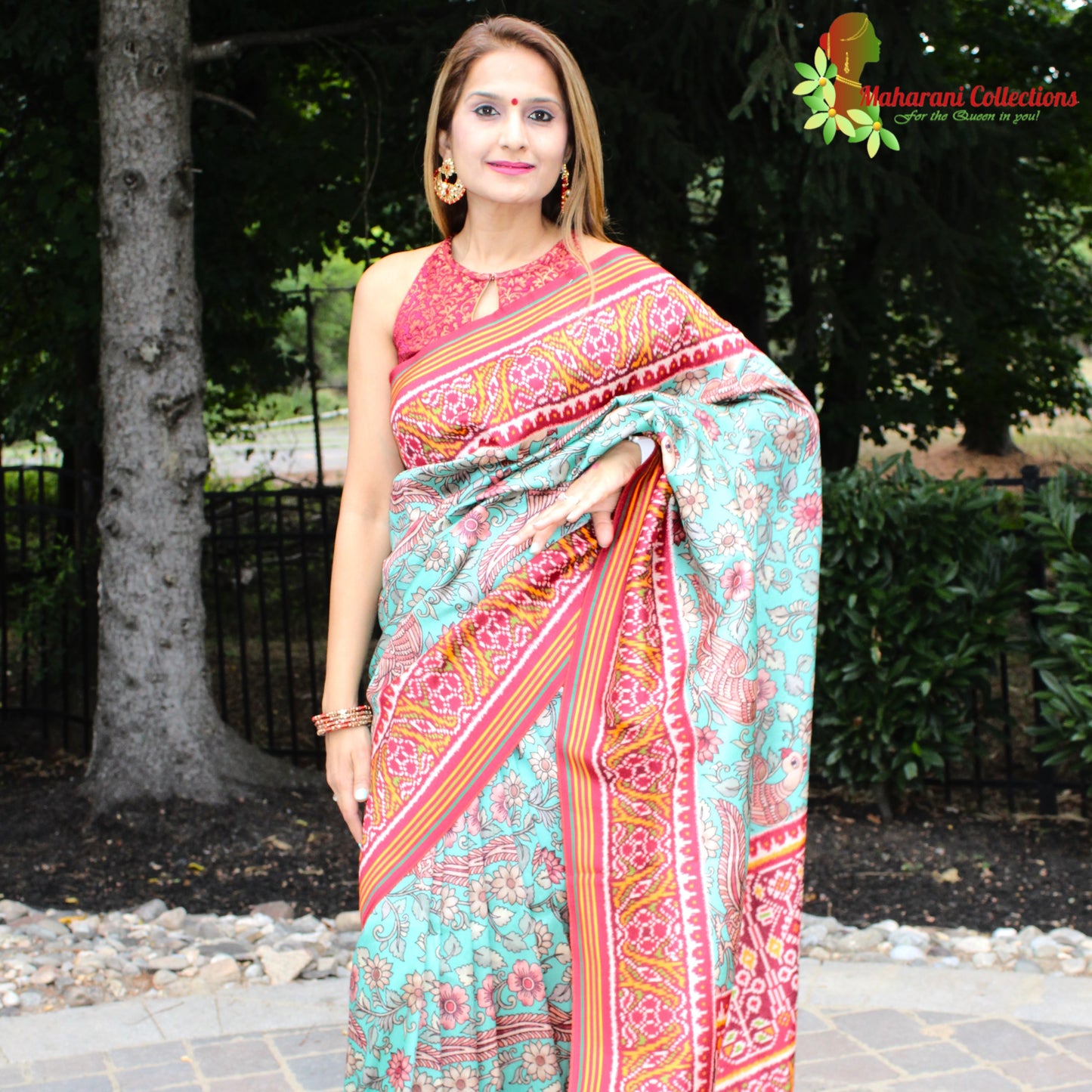 Maharani's Pure Banarasi Silk Saree - Sea Green and Red (with stitched Blouse and Petticoat)