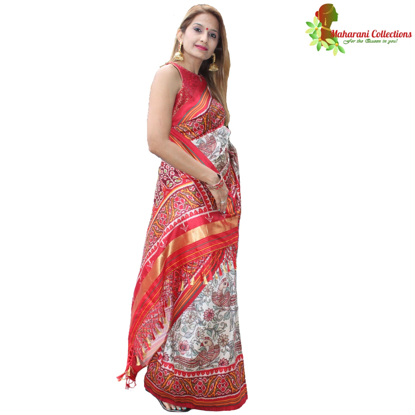 Maharani's Pure Banarasi Silk Saree - Cream and Red (with stitched Blouse and Petticoat)