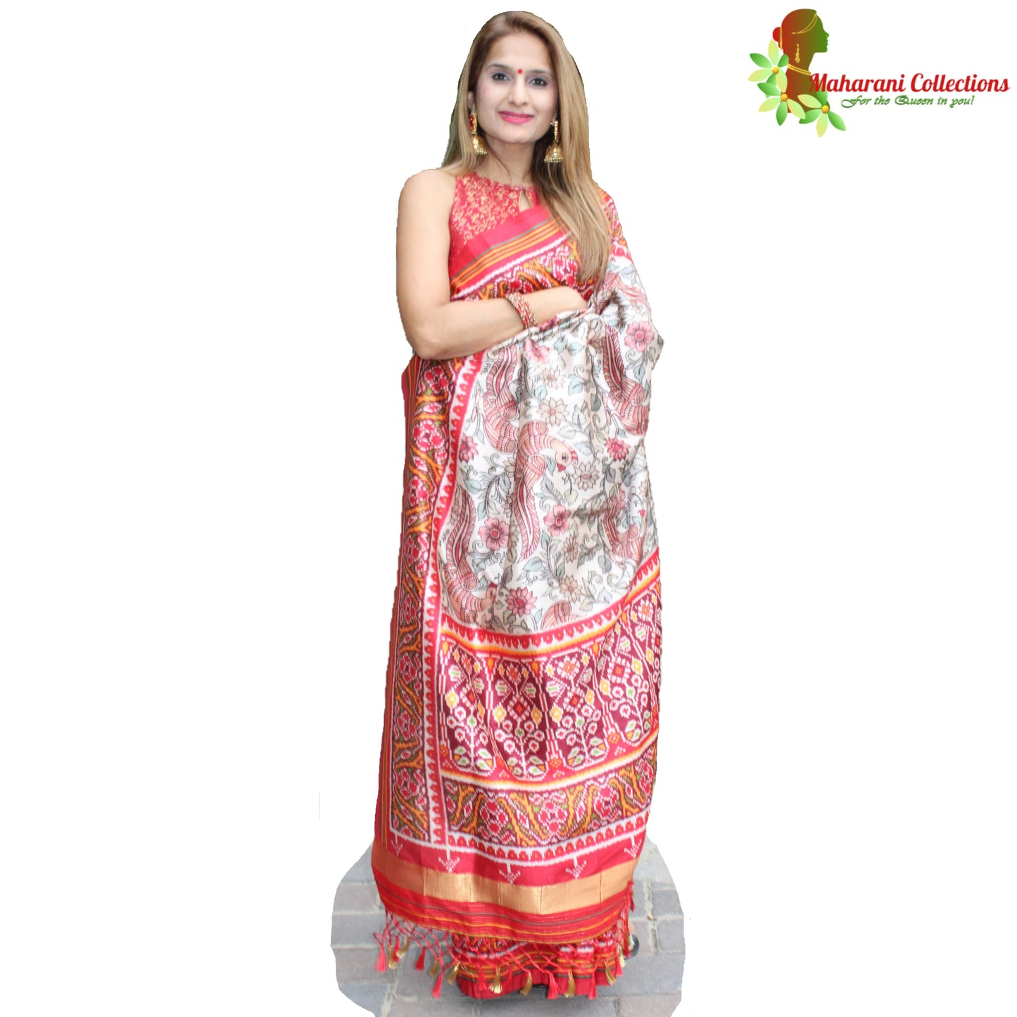 Maharani's Pure Banarasi Silk Saree - Cream and Red (with stitched Blouse and Petticoat)