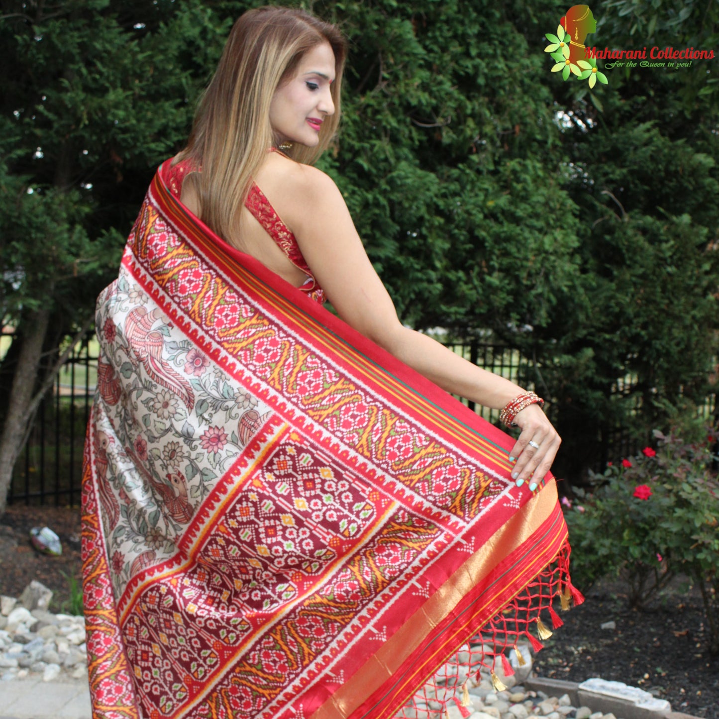 Maharani's Pure Banarasi Silk Saree - Cream and Red (with stitched Blouse and Petticoat)