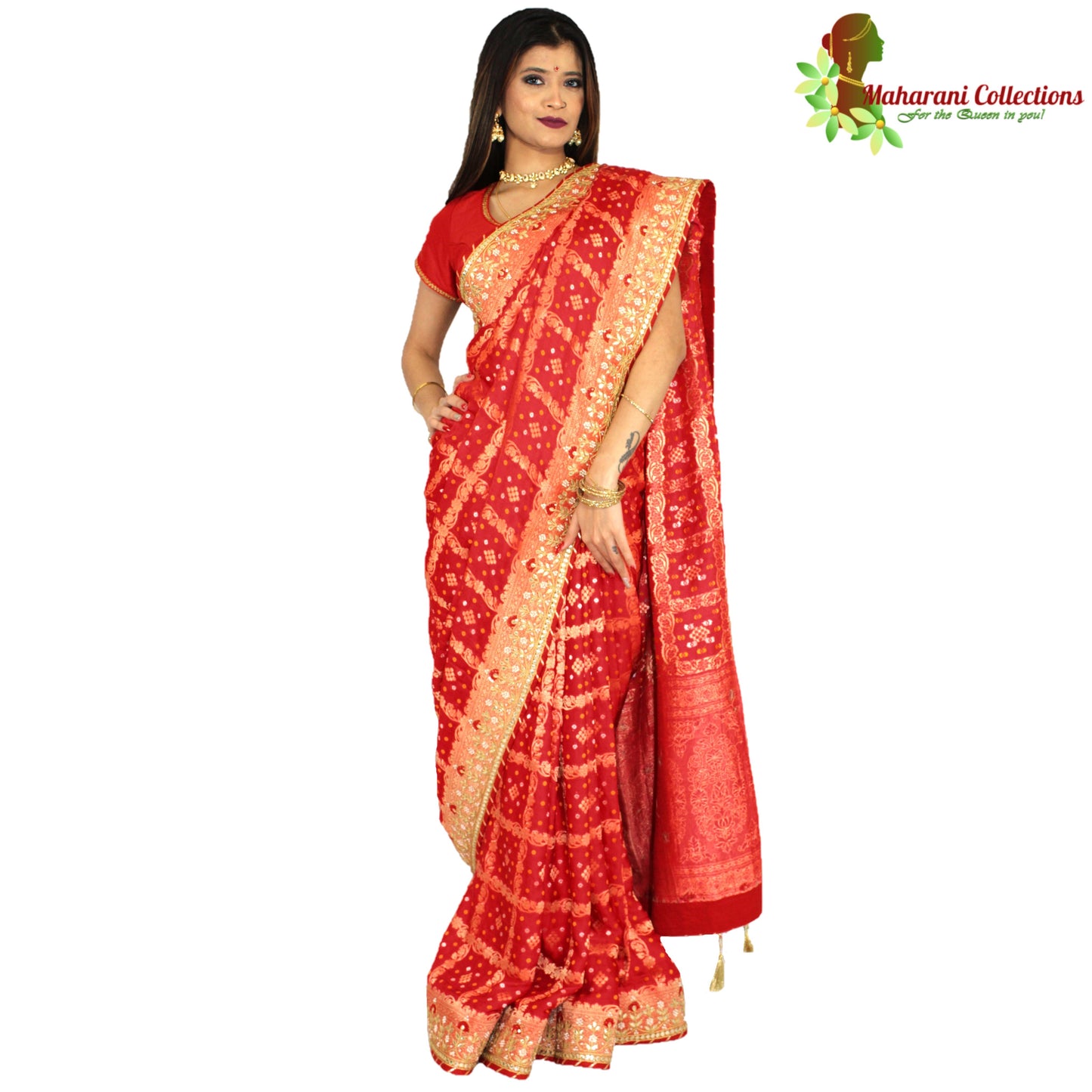 Maharani's Pure Banarasi Soft Silk Saree - Bridal Red (with Stitched Petticoat)