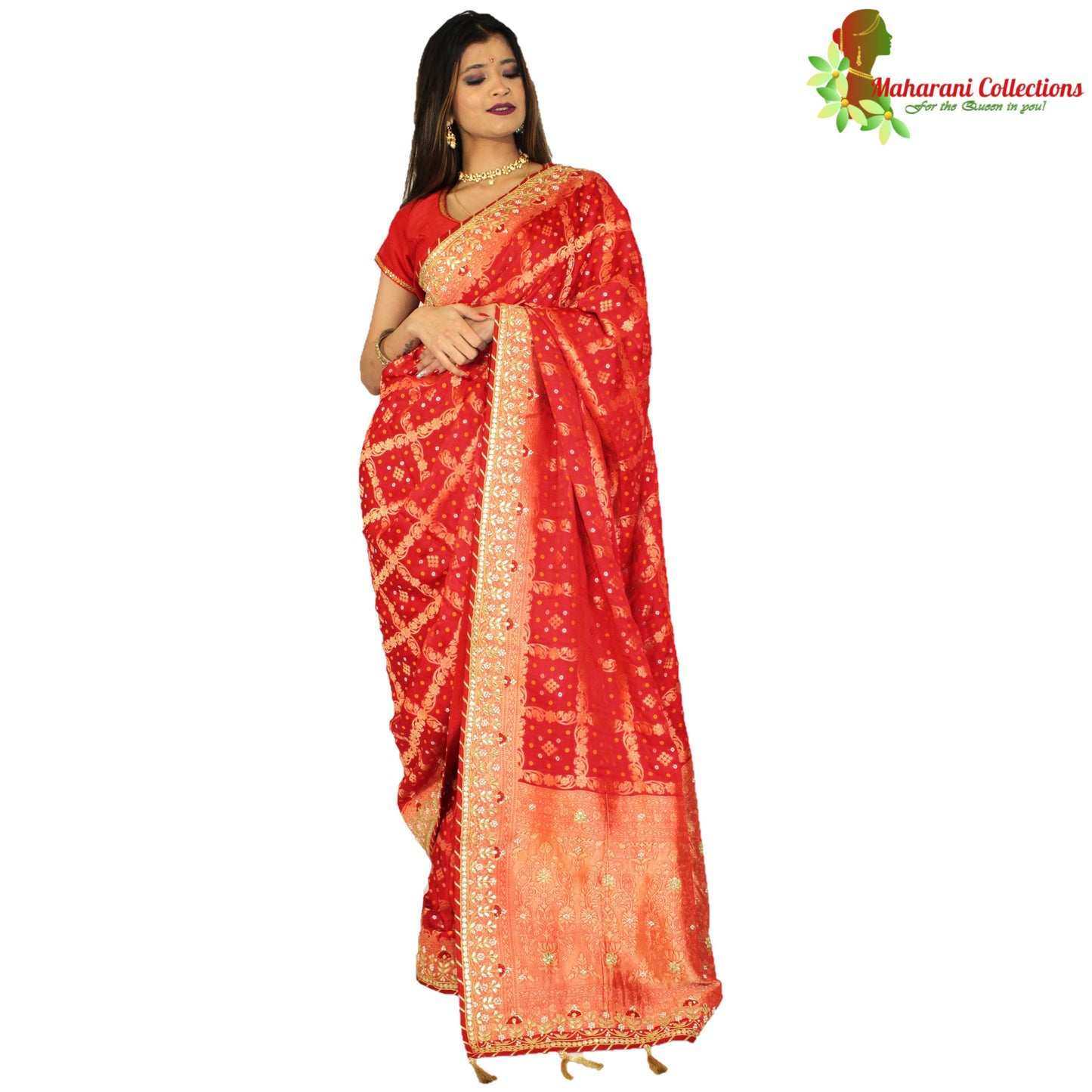 Maharani's Pure Banarasi Soft Silk Saree - Bridal Red (with Stitched Petticoat)