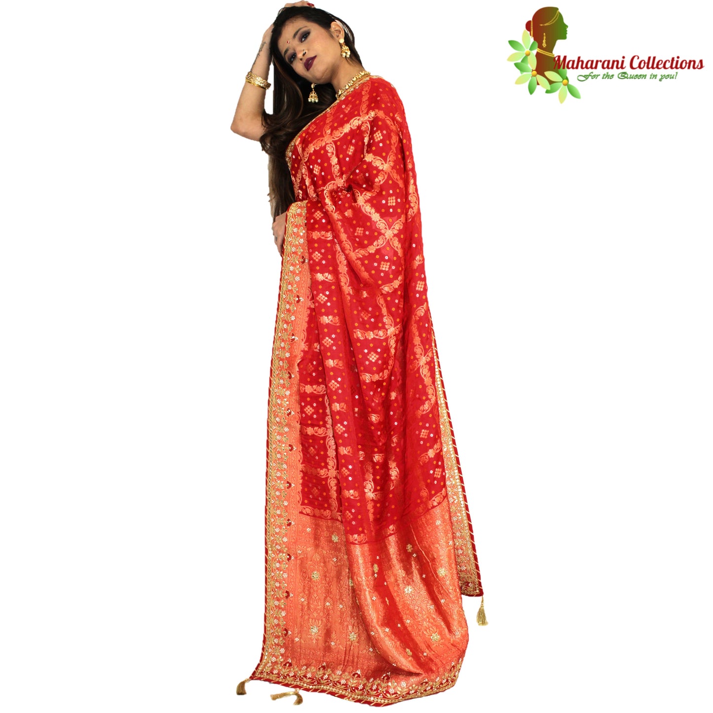 Maharani's Pure Banarasi Soft Silk Saree - Bridal Red (with Stitched Petticoat)