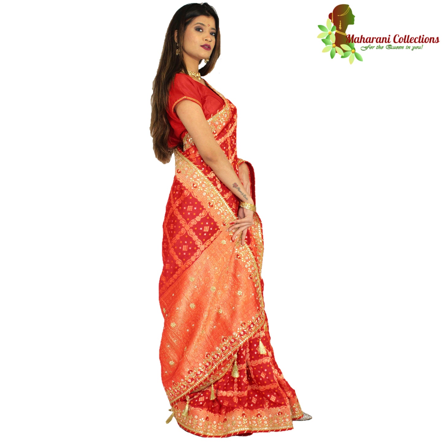 Maharani's Pure Banarasi Soft Silk Saree - Bridal Red (with Stitched Petticoat)