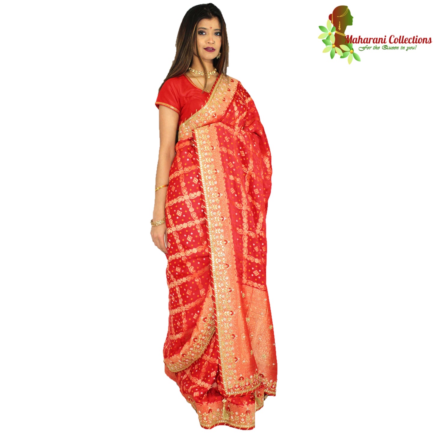 Maharani's Pure Banarasi Soft Silk Saree - Bridal Red (with Stitched Petticoat)