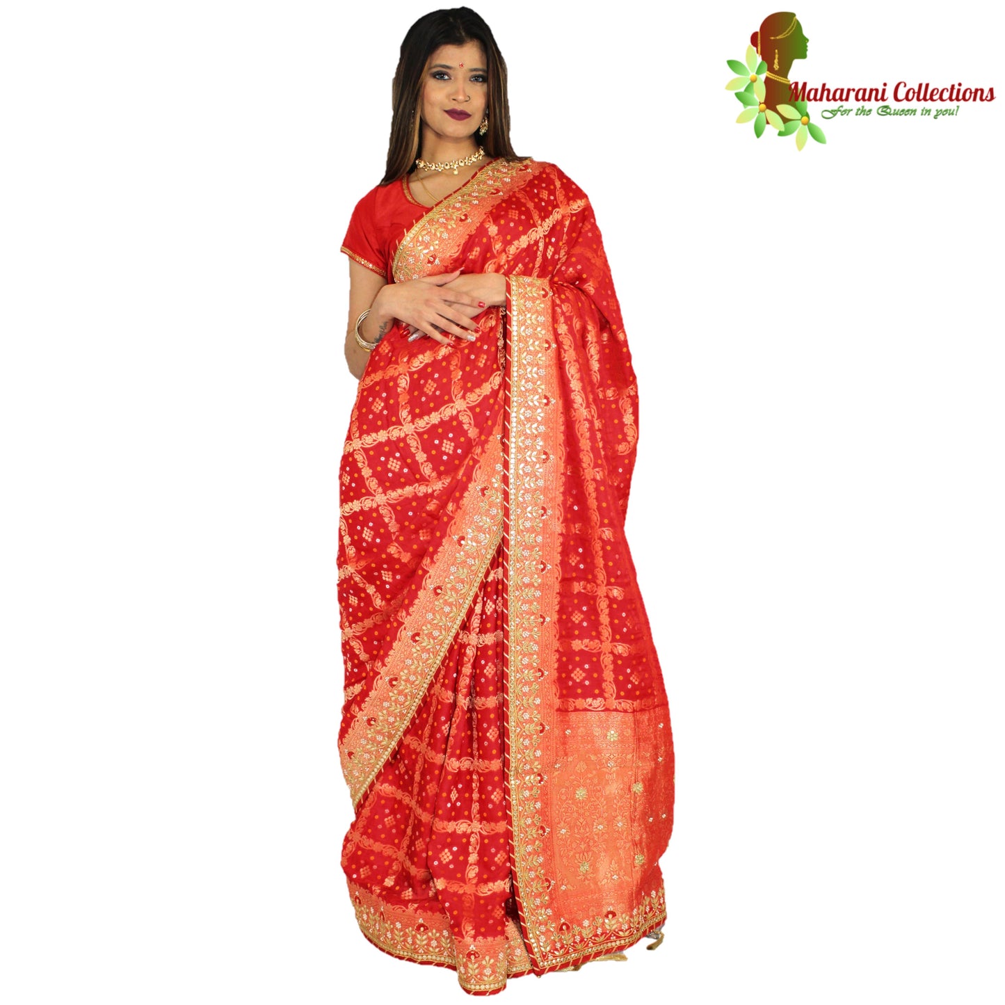 Maharani's Pure Banarasi Soft Silk Saree - Bridal Red (with Stitched Petticoat)