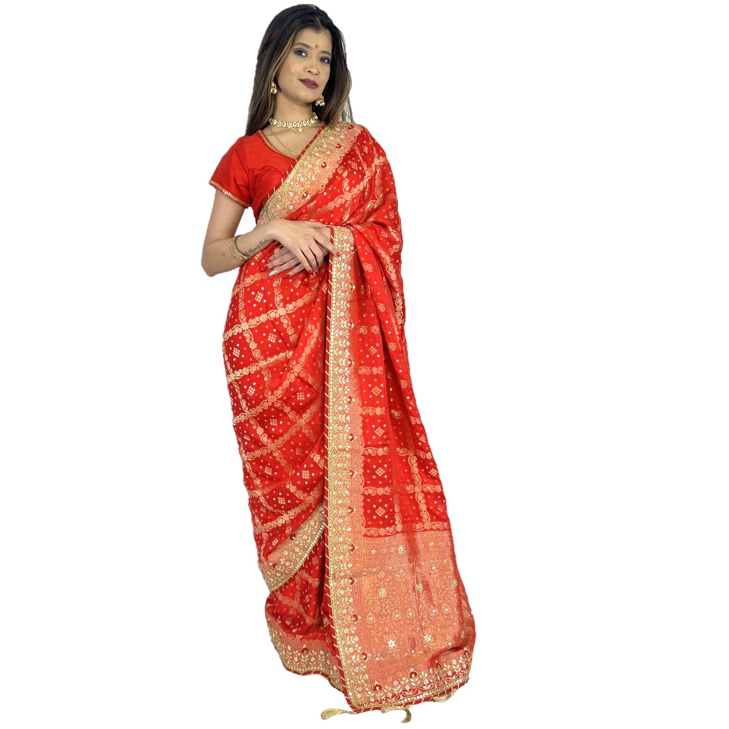 Maharani's Pure Banarasi Soft Silk Saree - Bridal Red (with Stitched Petticoat)