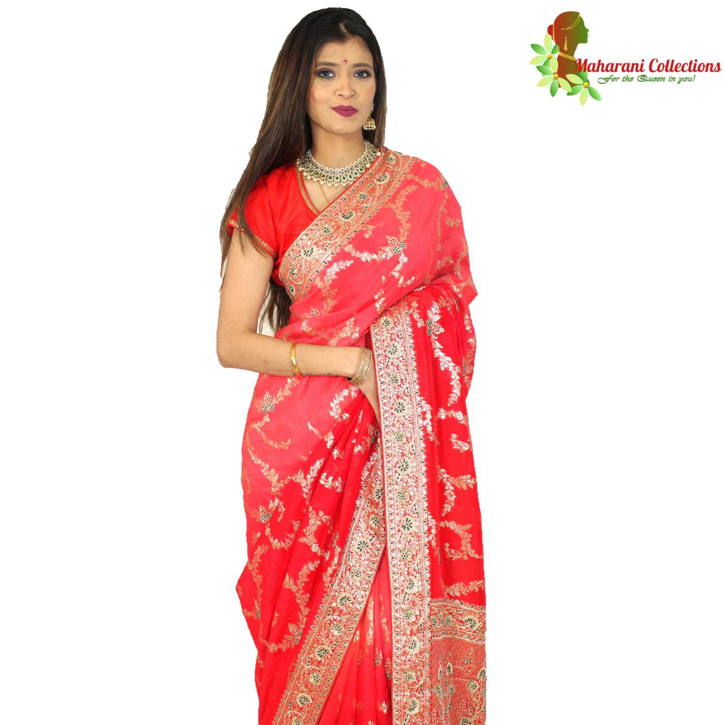 Maharani's Pure Banarasi Georgette Saree - Orange/Red/Pink (with Stitched Petticoat)
