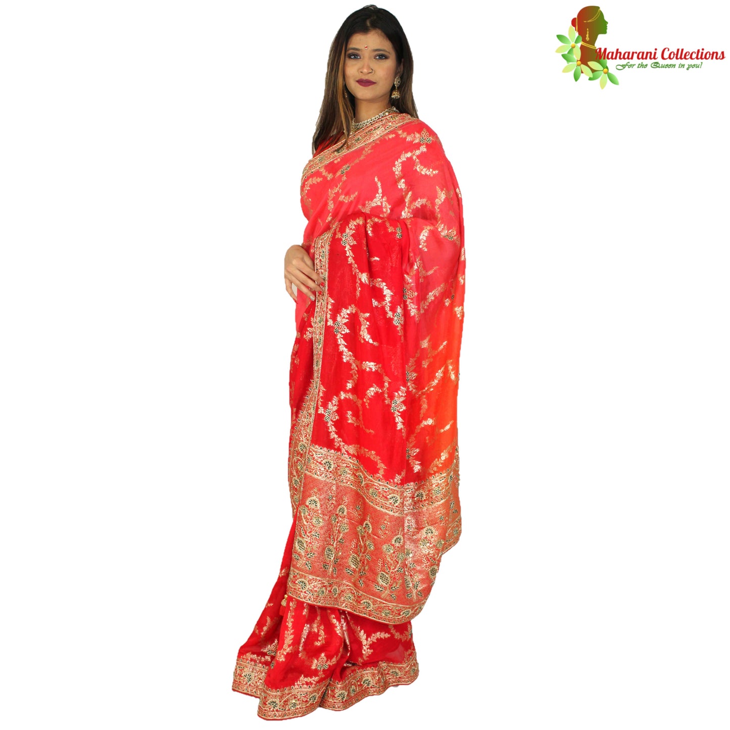 Maharani's Pure Banarasi Georgette Saree - Orange/Red/Pink (with Stitched Petticoat)