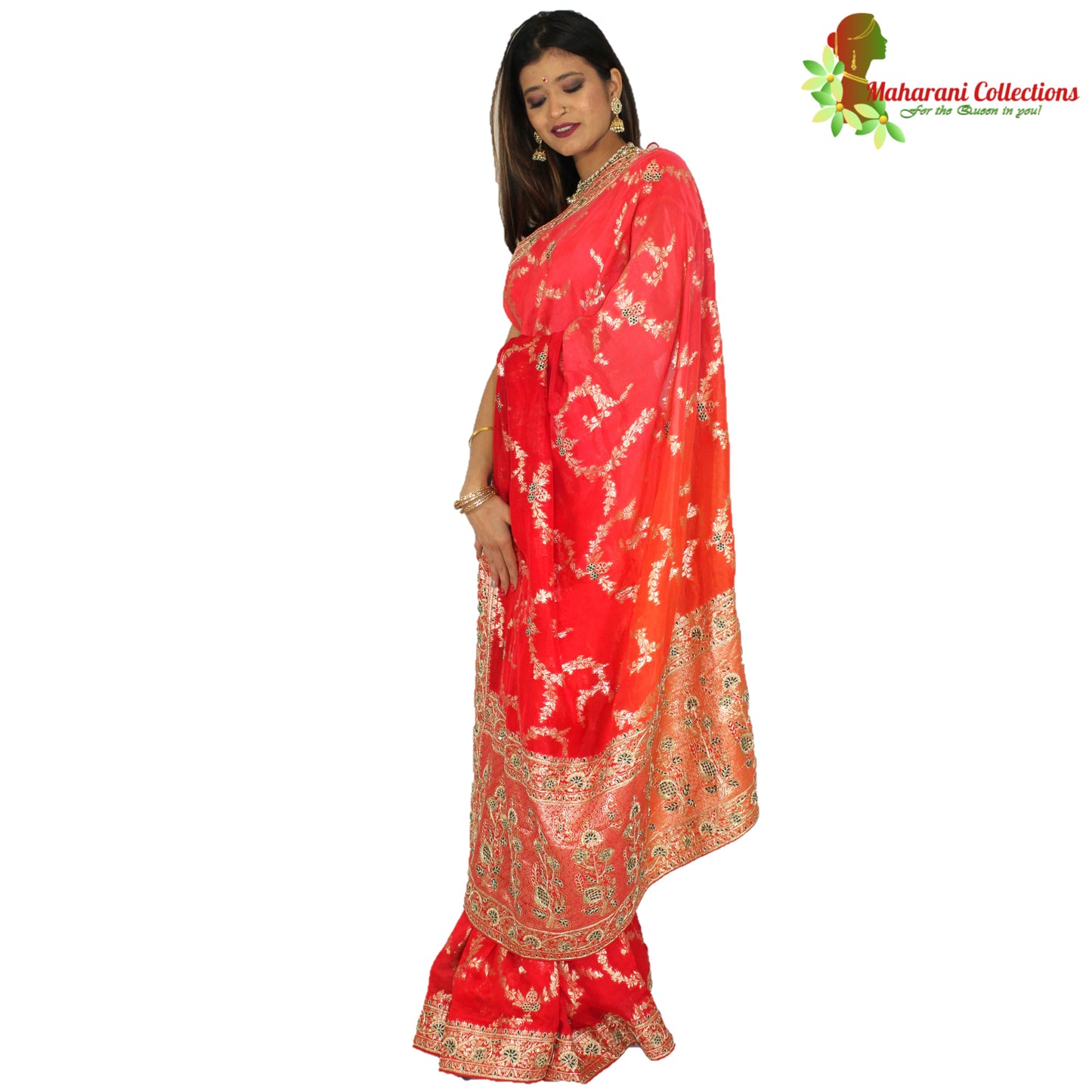 Maharani's Pure Banarasi Georgette Saree - Orange/Red/Pink (with Stitched Petticoat)