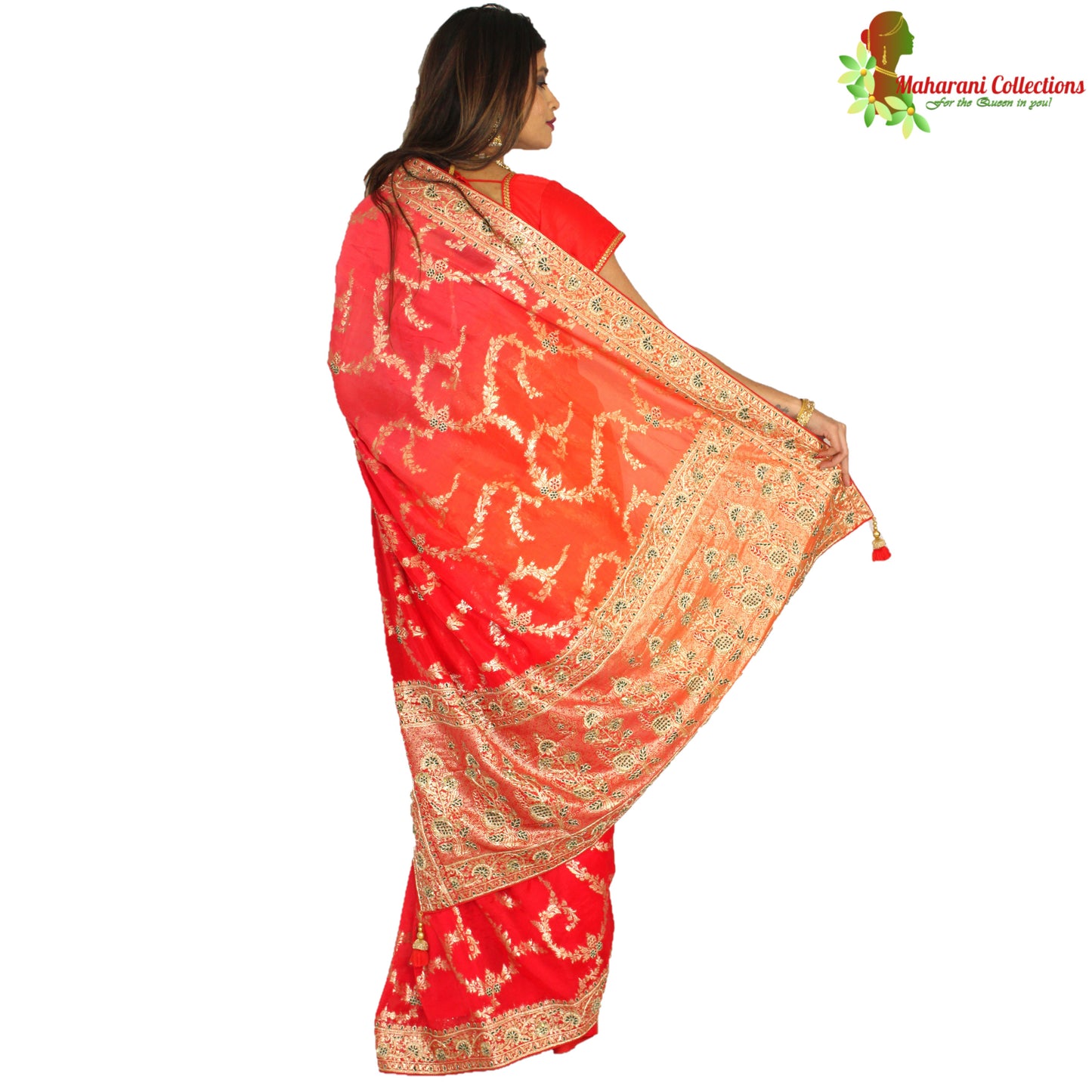 Maharani's Pure Banarasi Georgette Saree - Orange/Red/Pink (with Stitched Petticoat)