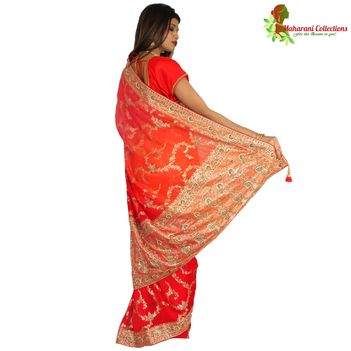 Maharani's Pure Banarasi Georgette Saree - Orange/Red/Pink (with Stitched Petticoat)