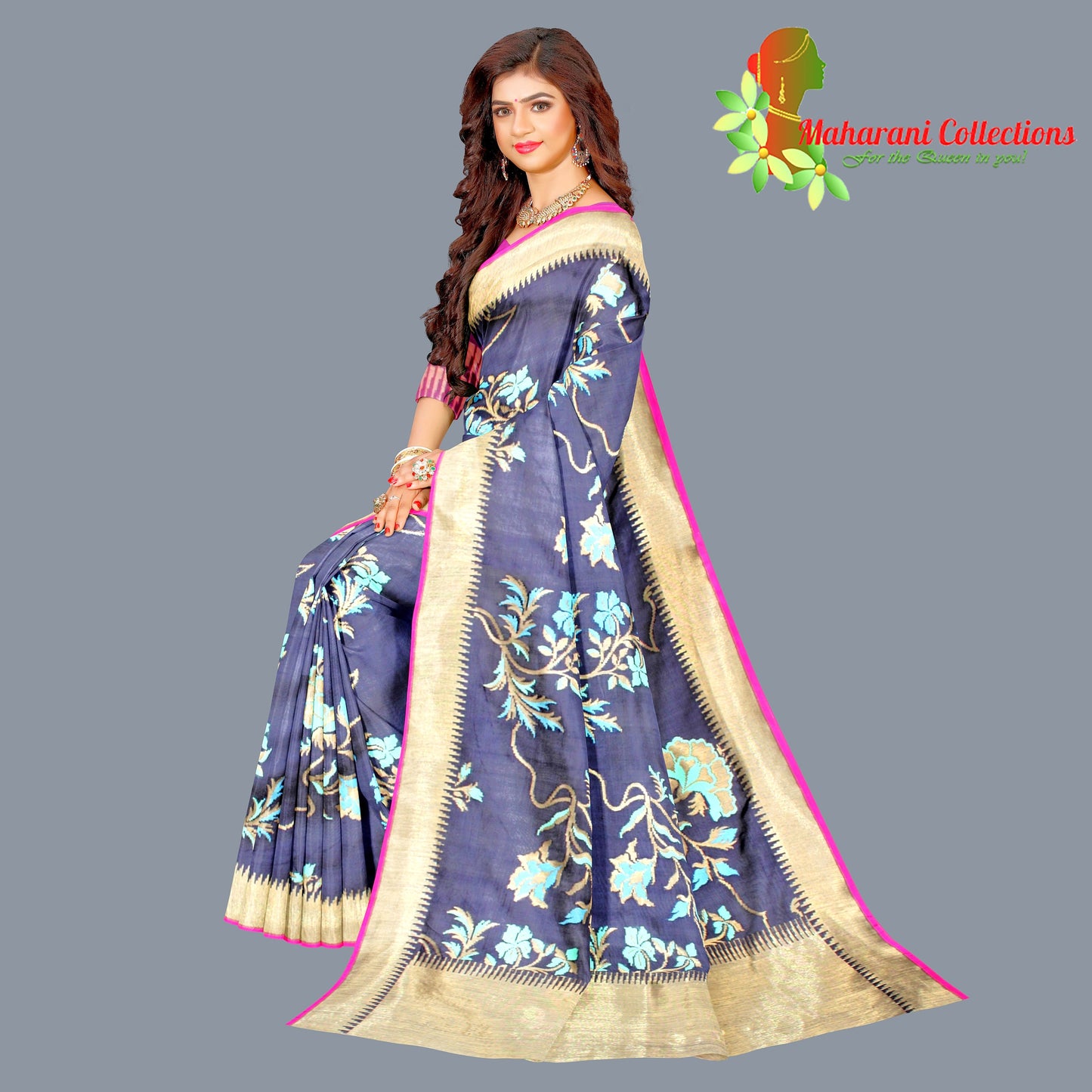 Maharani's Pure Banarasi Silk Saree - Navy Blue (with Stitched Blouse and Petticoat)