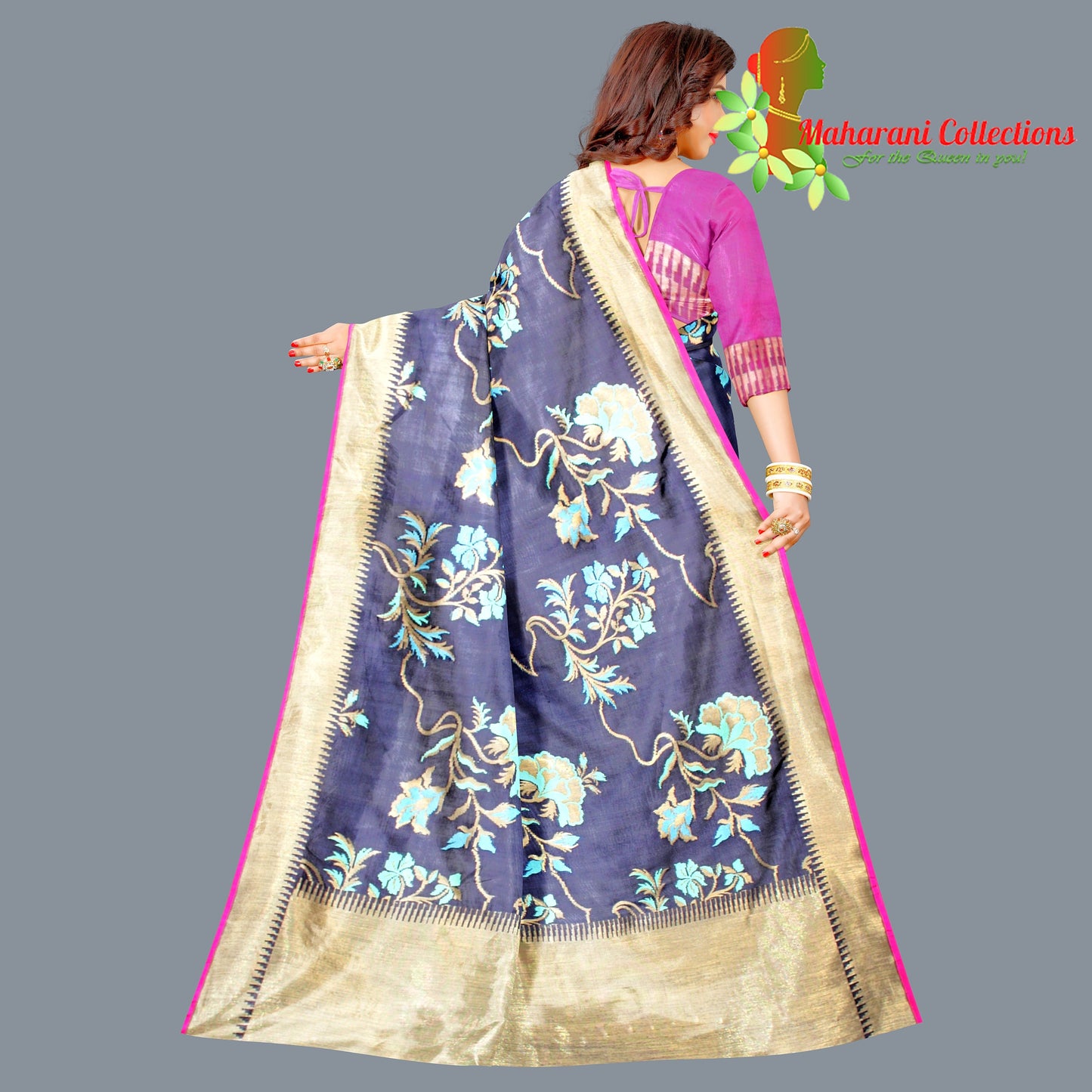 Maharani's Pure Banarasi Silk Saree - Navy Blue (with Stitched Blouse and Petticoat)