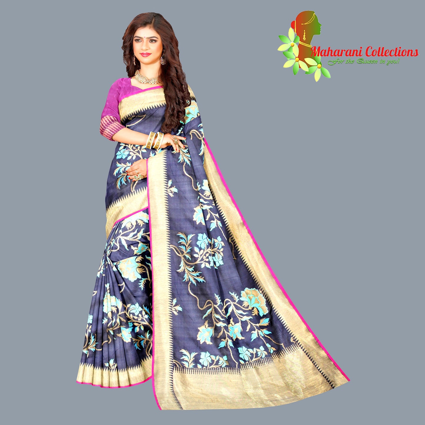 Maharani's Pure Banarasi Silk Saree - Navy Blue (with Stitched Blouse and Petticoat)