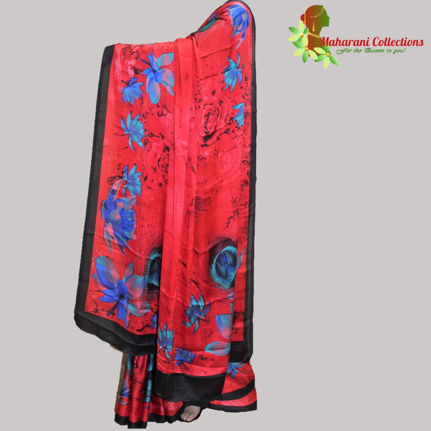 Satin Silk Saree - Flowery Red and Blue