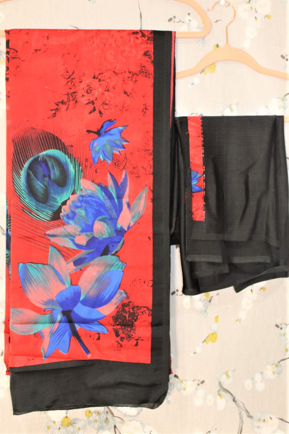 Satin Silk Saree - Flowery Red and Blue