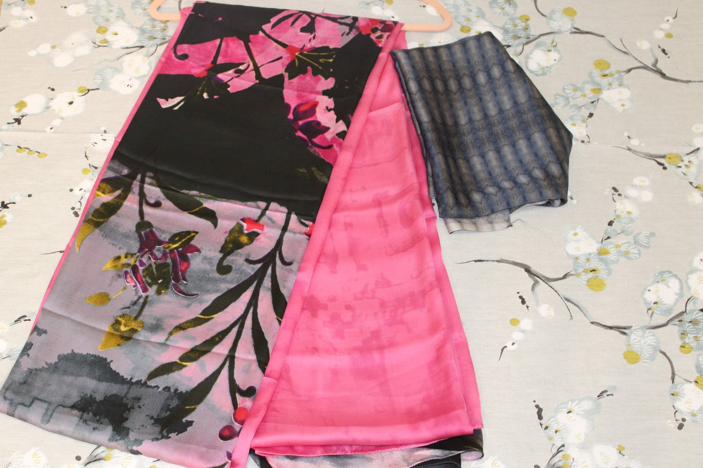 Pink and Black Satin Saree