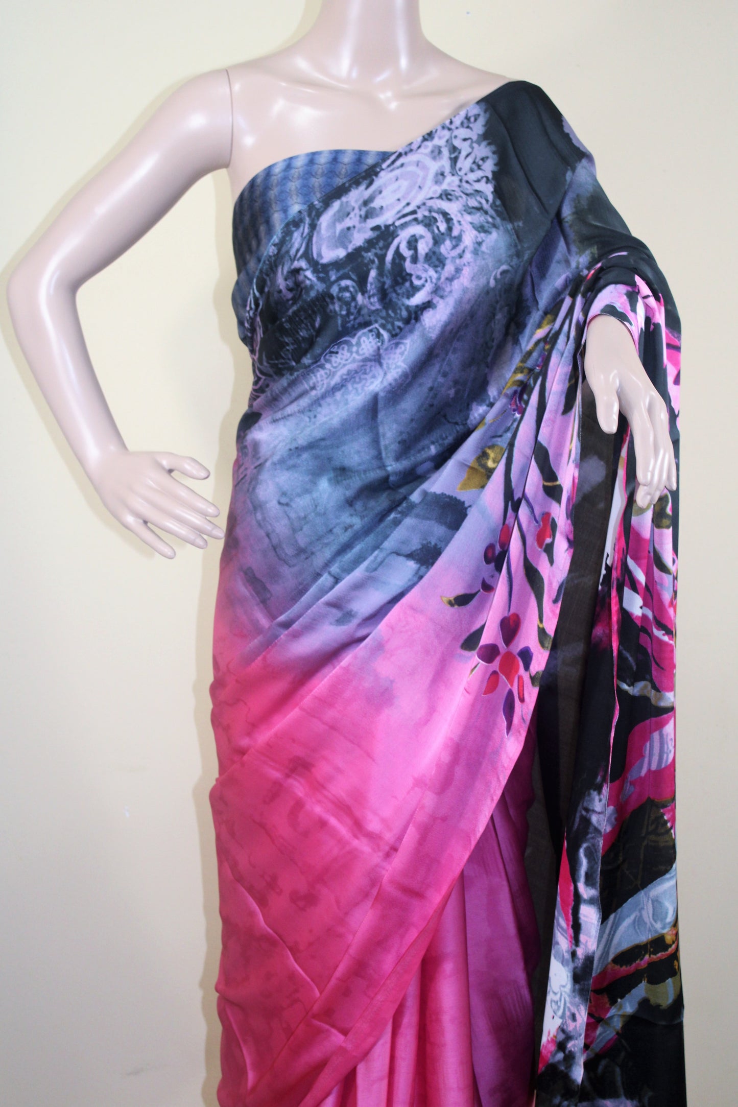 Pink and Black Satin Saree