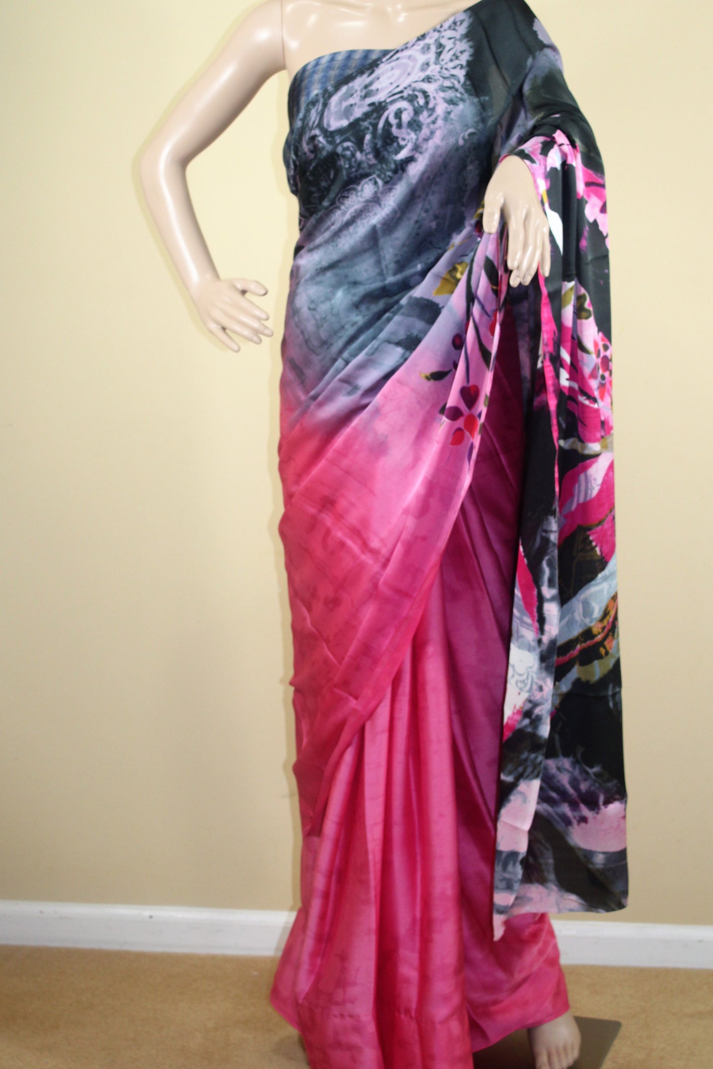 Pink and Black Satin Saree