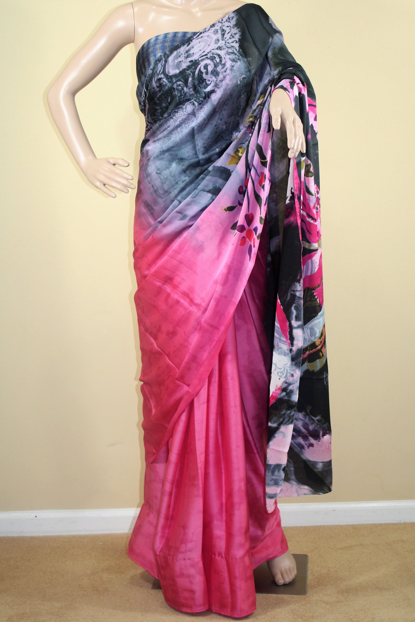 Pink and Black Satin Saree