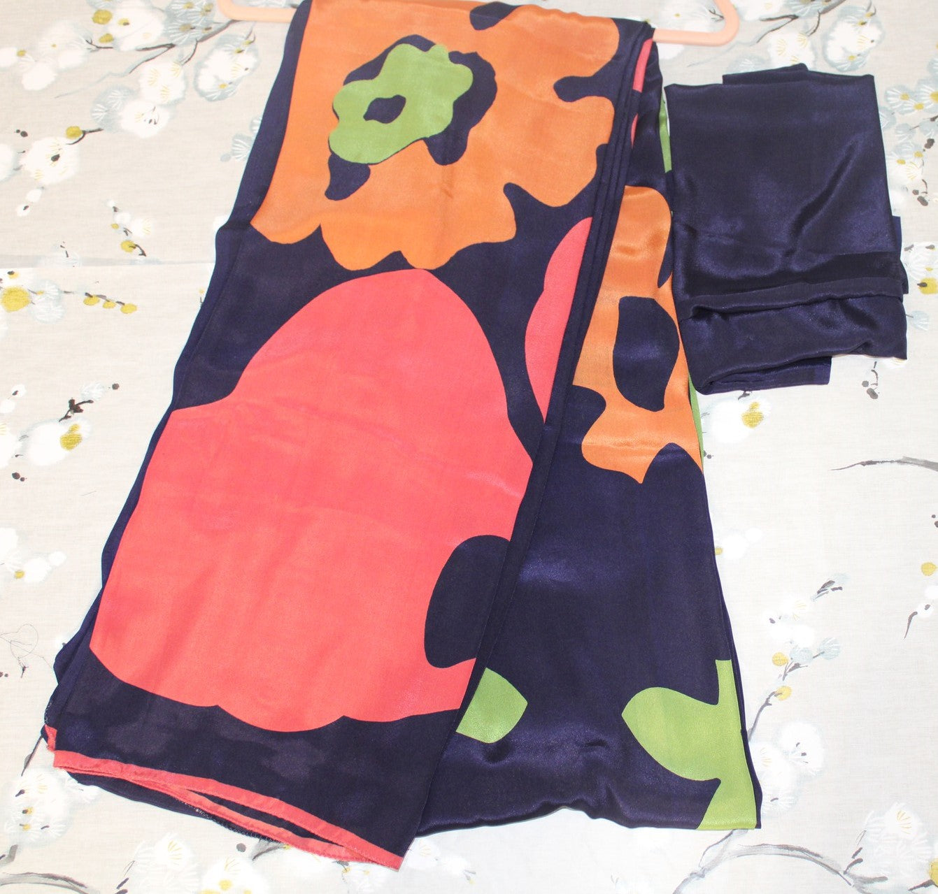 Navy Blue Floral Satin Silk Saree - Navy Blue