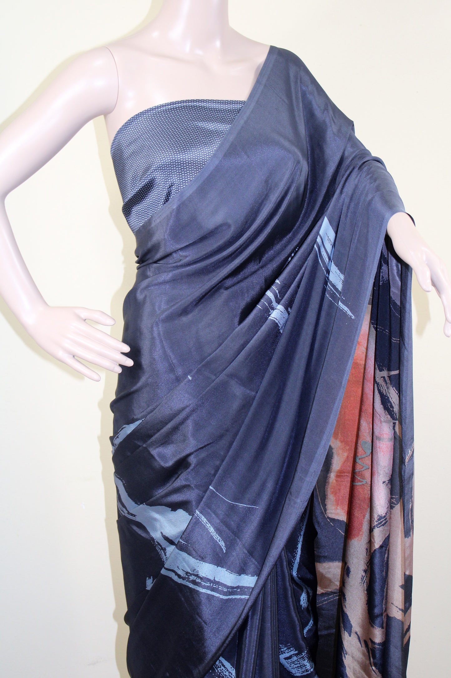 Navy Blue Floral Satin Silk Saree - Navy Blue