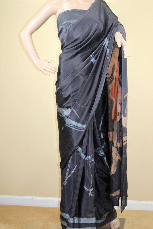 Navy Blue Floral Satin Silk Saree - Navy Blue