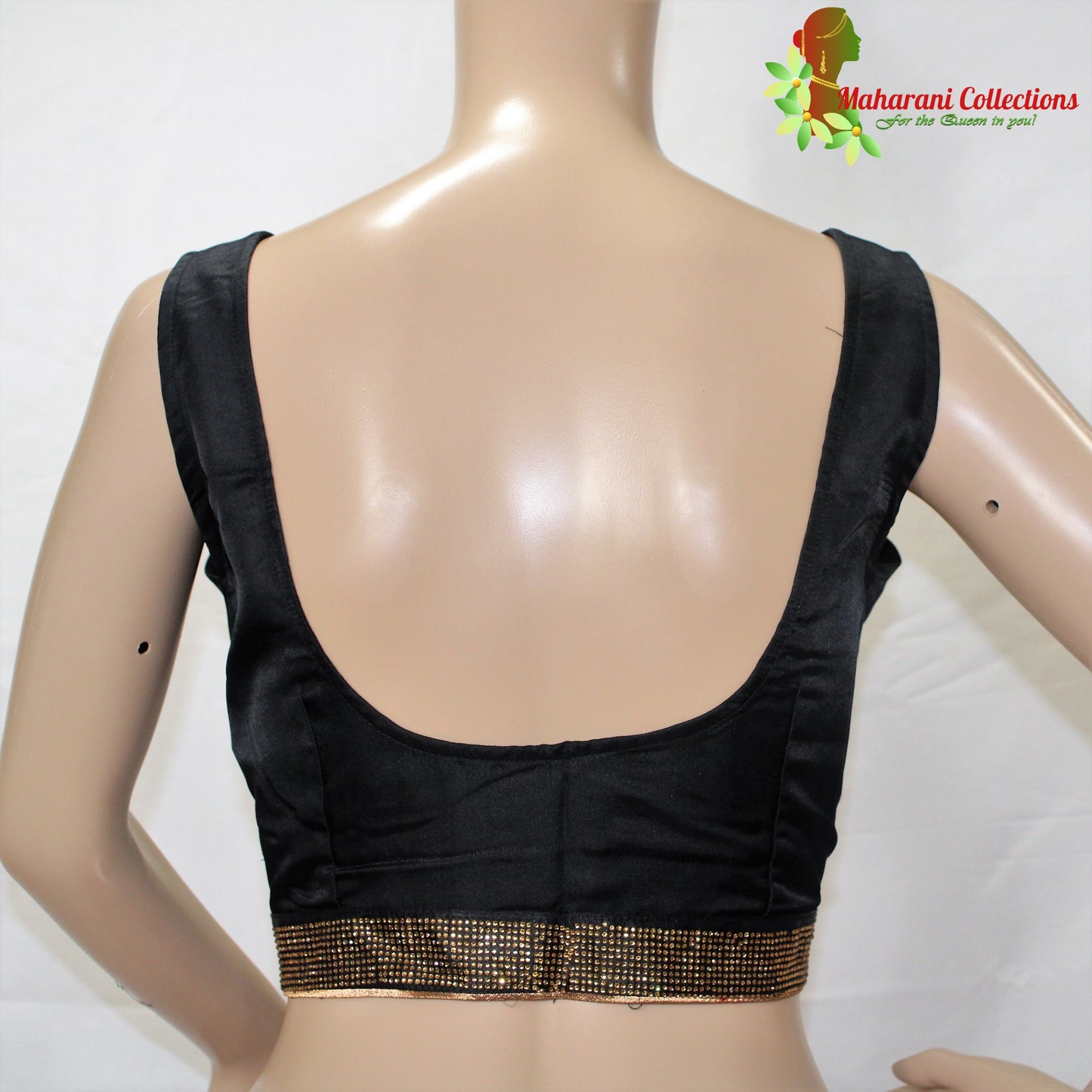 Maharani's Party Wear Georgette Sequins Saree - Black with Golden Border (with Stitched Blouse and Petticoat)