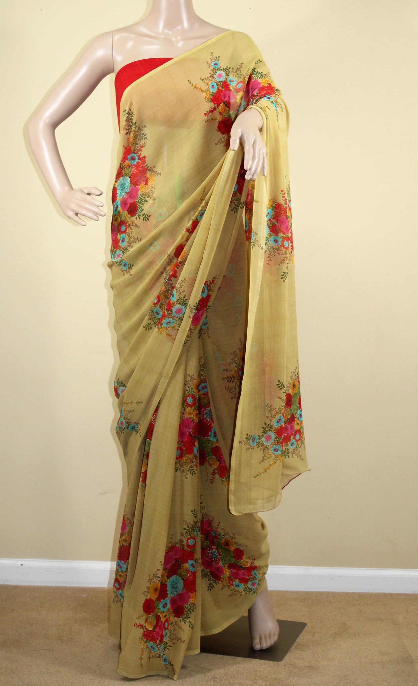 Georgette Mustard Floral Saree - Mustard