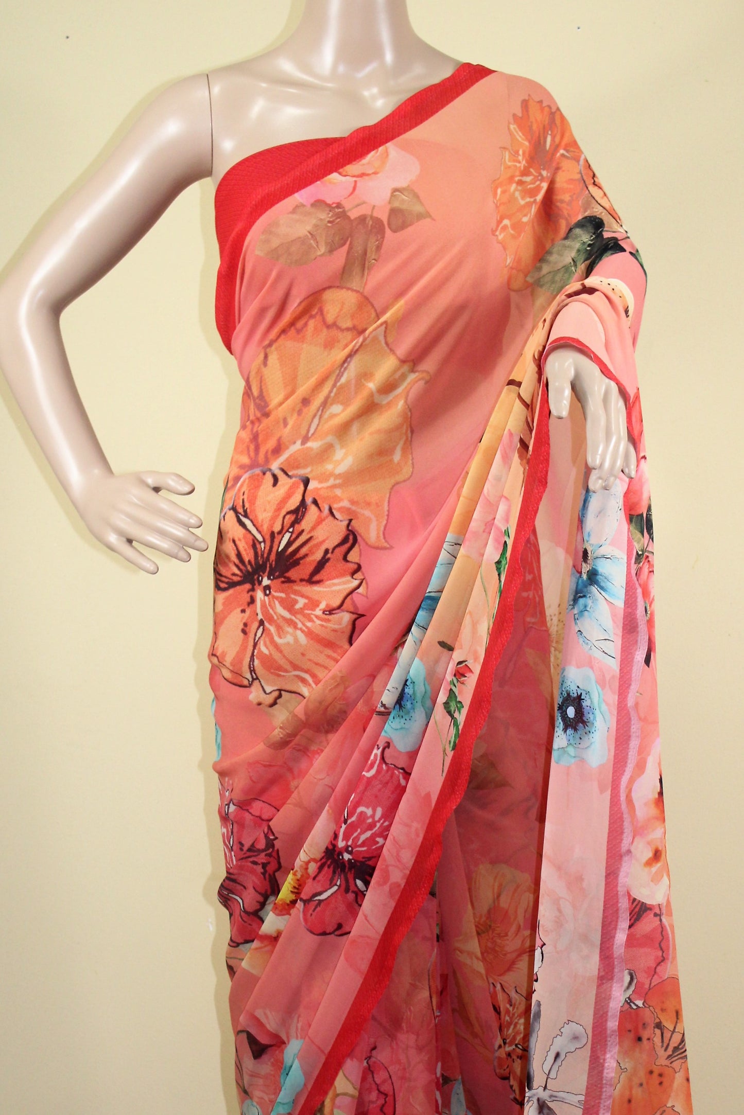 Georgette Floral Print Saree - Pink