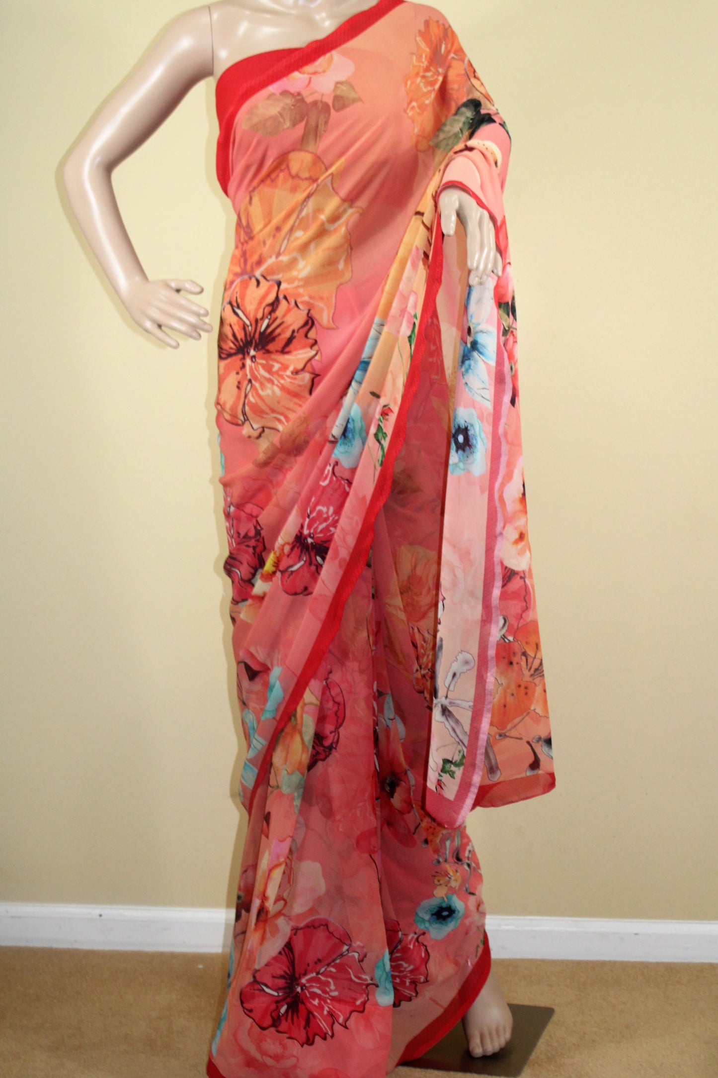 Georgette Floral Print Saree - Pink